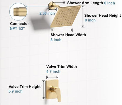 Gold Shower Head and Valve Set Single Spray Premium Wall Mount 8 Inch Rainfall Squre 1 Handle Shower Faucet with Rough-in Valves and Knob Kit for Bathroom Mixer （1.8GPM)