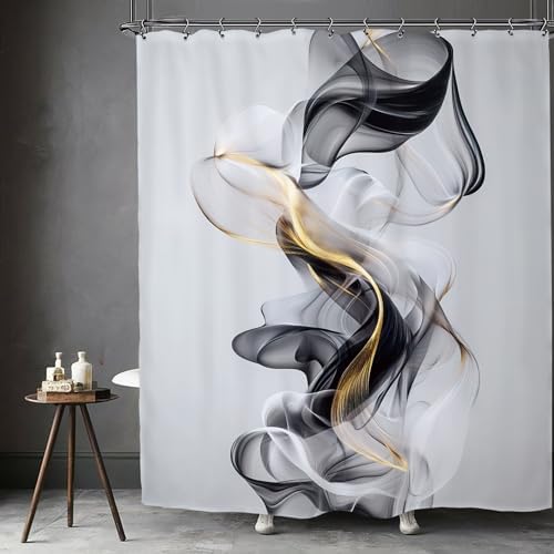 Abstract Modern Minimalist Shower Curtain 60Wx72L Inch Black Gold Gray Neutral Contemporary Art Aesthetic Bathroom Set Accessories Decor with 12 Pack Hooks