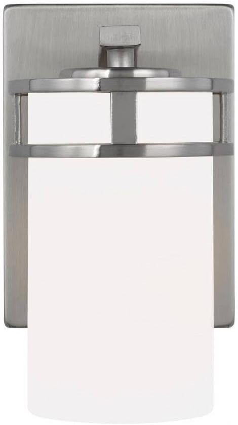 Generation Lighting 4121601-962 Robie Etched/White Glass Cylinder Wall Sconce Lighting Fixture, 1-Light 75 Watt, 8 Inch H x 5 Inch W, Brushed Nickel, Steel Construction