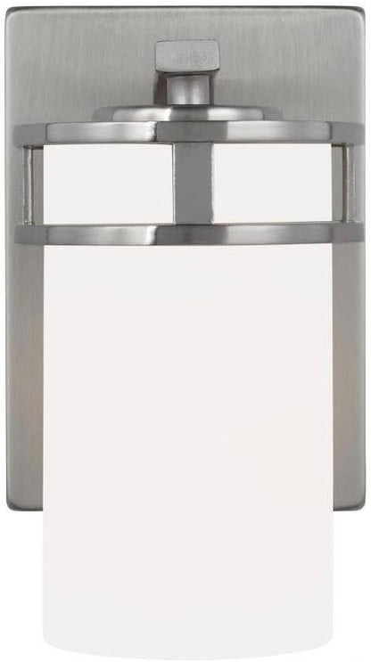 Generation Lighting 4121601-962 Robie Etched/White Glass Cylinder Wall Sconce Lighting Fixture, 1-Light 75 Watt, 8 Inch H x 5 Inch W, Brushed Nickel, Steel Construction