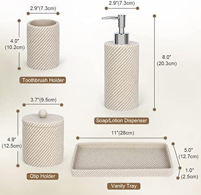 Beige Bathroom Accessories Set 4 Pcs - Toothbrush Holder,Lotion Soap Dispenser,Qtip Holder Dispenser,Vanity Tray for Countertop Vanity Organizer,Bathroom Accessory Set