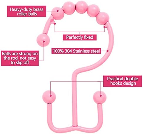 Shower Curtain Hooks,304 Stainless Steel Shower Rings for Bathroom,Double Glide Shower Hooks for Bathroom Shower Curtain Rods Curtains,Set of 12 Hooks,Light Pink（Shower Curtain Hooks Style A ）