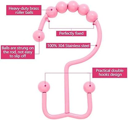 Shower Curtain Hooks,304 Stainless Steel Shower Rings for Bathroom,Double Glide Shower Hooks for Bathroom Shower Curtain Rods Curtains,Set of 12 Hooks,Light Pink（Shower Curtain Hooks Style A ）