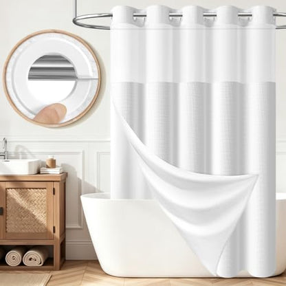 Dynamene White Hook Free Waffle Shower Curtain & Snap-in Fabric Liner,72x83