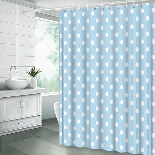 Polka Dot Shower Curtain Light Blue White Retro Spot Vintage Fabric Decorative Bathroom Curtains with Hooks,67" Wx70 H