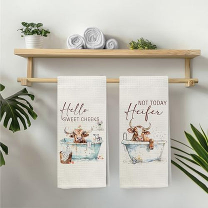 Hello Sweet Cheeks Highland Cow Bathroom Hand Towels, Funny Farmhouse Animal Heifer Bathing Decorative Hand Towels for Bathroom Washroom Toilet Restroom, 16x24 Inch Set of 2