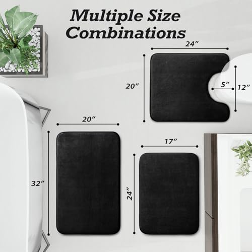 HUXMEYSON Bathroom Rugs Sets 3 Piece, Non-Slip & Quick Dry Bath Mat Set, Ultra Soft Velvet Bath Rugs for Bathroom, Toilet and Shower Floor, Black