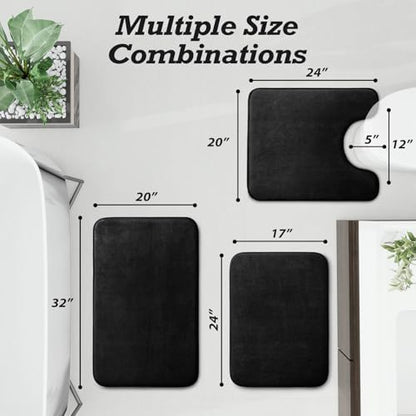 HUXMEYSON Bathroom Rugs Sets 3 Piece, Non-Slip & Quick Dry Bath Mat Set, Ultra Soft Velvet Bath Rugs for Bathroom, Toilet and Shower Floor, Black
