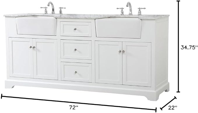 72" Pre-Assembled Bathroom Vanity with Sink, Solid Birch and MDF, Carrara White Marble Countertop Attached, Double Rectangle Porcelain Sink, 3 Soft-Close Drawers, White