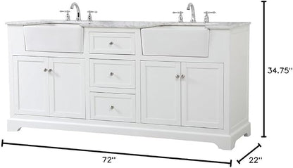 72" Pre-Assembled Bathroom Vanity with Sink, Solid Birch and MDF, Carrara White Marble Countertop Attached, Double Rectangle Porcelain Sink, 3 Soft-Close Drawers, White