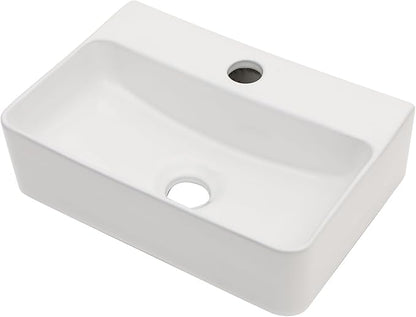 Floating Bathroom Sink Wall Mounted - 14"x10" Rectangular Vessel Sink With Black Faucet & Drain Combo Small Modern White Ceramic Porcelain Vessel Vanity Sinks