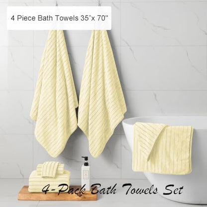 4 Pcs Light Yellow Cabana Stripe Large Bath Towels 35"x70" Oversized Bath Sheet Soft Breathable Jumbo Bathroom Towels Highly Absorbent Shower Towel Quick Dry Beach Chair Towel Spa Gym Hotel Towel Set