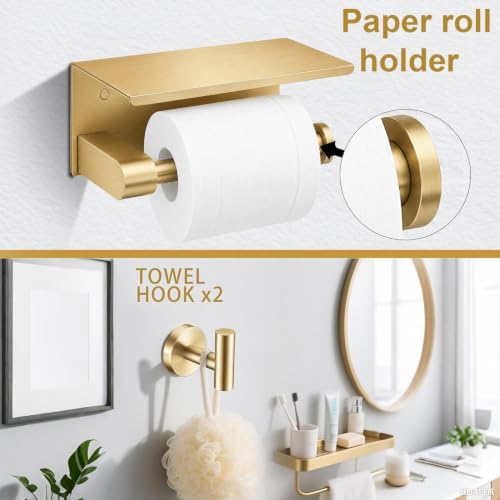5 Pieces Brushed Gold Bathroom Hardware Accessories Set, SUS304 Stainless Steel 24 Inch Bath Towel Bar Set, Round Bathroom Towel Holder Set, Towel Racks for Bathroom Wall Mounted