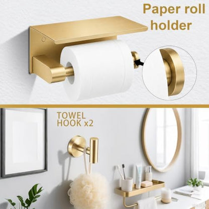 5 Pieces Brushed Gold Bathroom Hardware Accessories Set, SUS304 Stainless Steel 24 Inch Bath Towel Bar Set, Round Bathroom Towel Holder Set, Towel Racks for Bathroom Wall Mounted