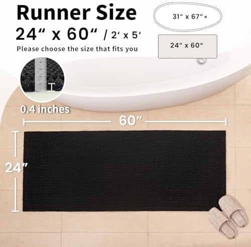 Long Black Bathroom Rug, Waffle Bath Mat Runner Non Slip, 24 x 60