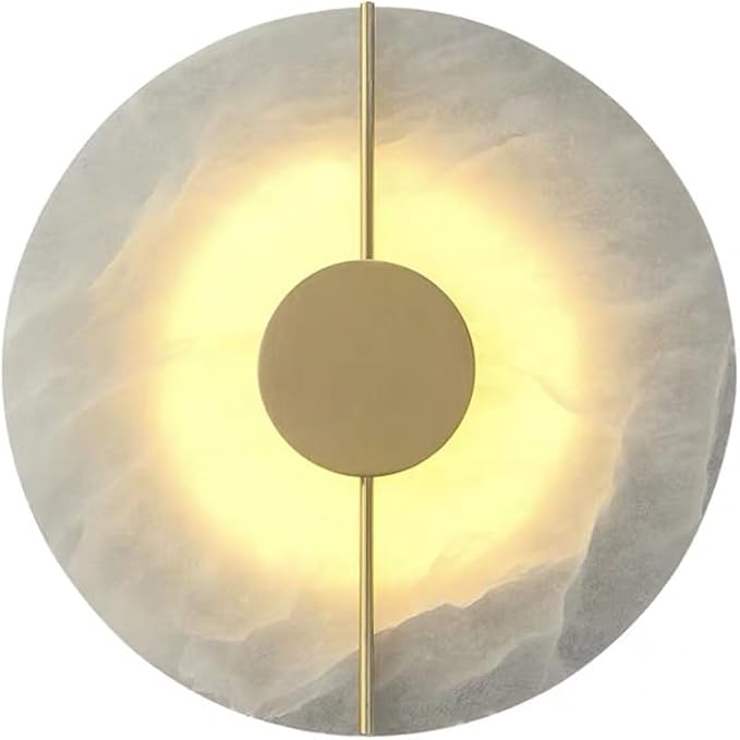 Modern Round Alabaster Natural Marble Wall Light,3000K Warm Light 7W Energy Saving Wall Sconce,Metal Base Wall Mounted Lamp, for Living Room Bedroom Bedside Stairs Hallway (Gold)