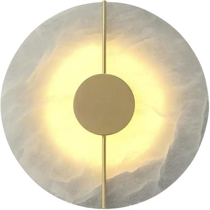 Modern Round Alabaster Natural Marble Wall Light,3000K Warm Light 7W Energy Saving Wall Sconce,Metal Base Wall Mounted Lamp, for Living Room Bedroom Bedside Stairs Hallway (Gold)