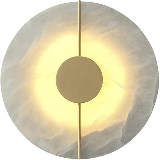 Modern Round Alabaster Natural Marble Wall Light,3000K Warm Light 7W Energy Saving Wall Sconce,Metal Base Wall Mounted Lamp, for Living Room Bedroom Bedside Stairs Hallway (Gold)