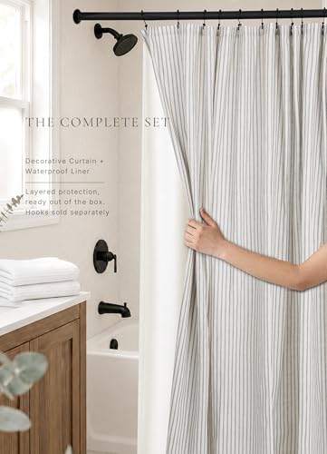 Farmhouse Striped Shower Curtain Set, Linen Blend Fabric with Detachable Polyester Liner, Breathable & Machine Washable, Rustic Heirloom Blue for Bathroom Decor 72" W x 72" L - Hooks Not Included
