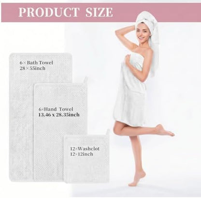 24 Pcs Towels Set 6 Bath Sheets 6 Washcloths and 12 Hand Towels, Reusable Absorbent Quick Dry Coral Velvet Towel for Shower Bath Spa Hotel Bathroom Supplies (White)