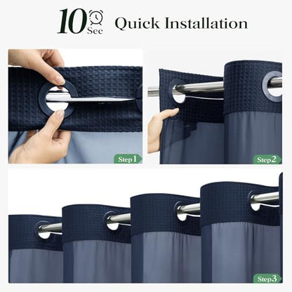 Dynamene Navy Blue Hook Free Waffle Shower Curtain & Snap-in Liner,60x75
