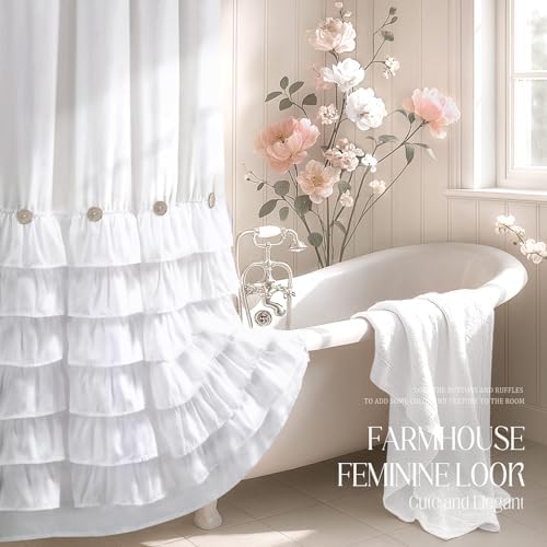 Ruffle Farmhouse Shower Curtain, White Vintage Shower Curtains for Bathroom Fabric Cute Rustic Cloth, 72" W X 78" L Inch