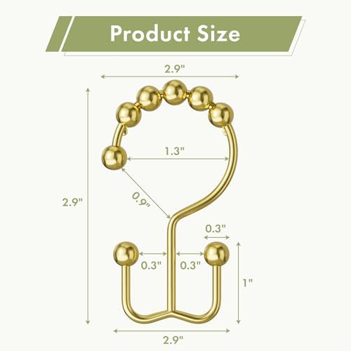 Amazer Gold Shower Curtain Hooks, 12PCS Rust-Resistant Metal Double Shower Curtain Rings for Curtain Rolling Shower Hooks, Shower Rings for Bathroom Shower Curtain Rod