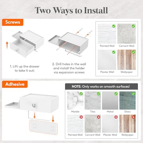 Lifewit Toilet Paper Holder Wall Mount with Shelf & Drawer, White, 2 Pack