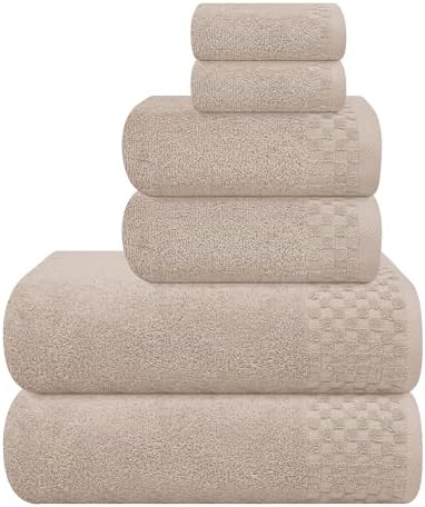MyOwn Premium Cotton 6 Pack Towel Set for Bathroom, Contains 2 Bath Towels 28x55 inch, 2 Hand Towels 16x24 inch & 2 Wash Coths 12x12 inch, Ideal Everyday use, Compact & Lightweight - Tan