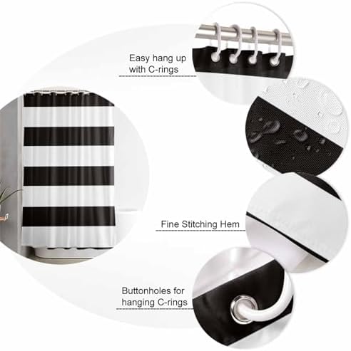 Shower Curtain Bathroom Set Minimalistic Black White Waterproof Shower Curtains with Grommets Hooks Chic Stripes Privacy Bath Curtain for Bathtub Decor 72x72in