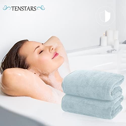 TENSTARS Silk Hemming Bath Towels for Bathroom Clearance - 27 x 55 inches - Light Thin Quick Drying - Soft Microfiber Absorbent Towel for Bath Fitness, Sports, Yoga, Travel, Gym - 2 Pack, Light Teal