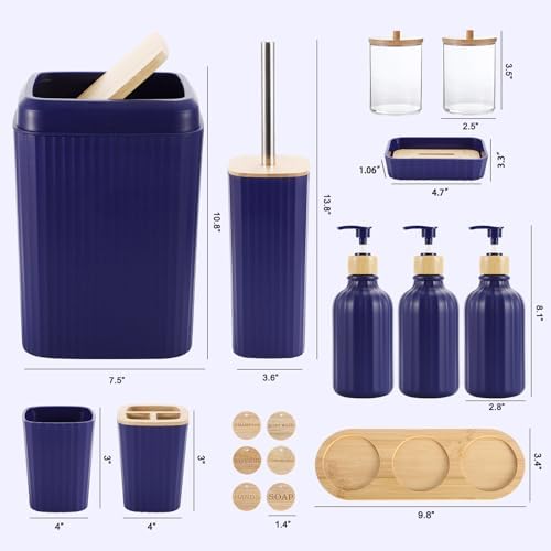 XLHOMO Navy Blue Bathroom Accessories Set 17PCS Bathroom Set with Trash Can 3PCS Lotion Soap Dispenser, Toothbrush Holder,6PCS Wood Tags Bath Accessories with Tray for Kitchen Bathroom