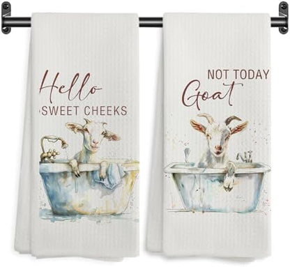 Hello Sweet Cheeks Goat Bathroom Hand Towels, Funny Farmhouse Animal Goat Bathing Decorative Hand Towels for Bathroom Washroom Toilet Restroom, 16x24 Inch Set of 2