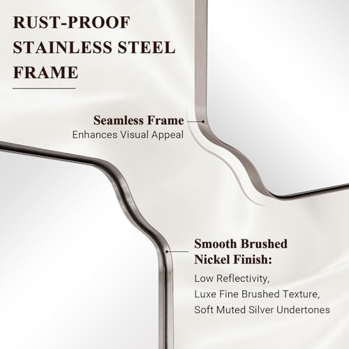 ANDY STAR 20x30 Inch Brushed Nickel Mirror, Silver Bathroom Mirror, Modern Rounded Notched Corner Mirror in Rustproof Stainless Steel Thin Frame, Compact Size Ideal for Small Bathroom Remodel