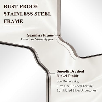 ANDY STAR 20x30 Inch Brushed Nickel Mirror, Silver Bathroom Mirror, Modern Rounded Notched Corner Mirror in Rustproof Stainless Steel Thin Frame, Compact Size Ideal for Small Bathroom Remodel