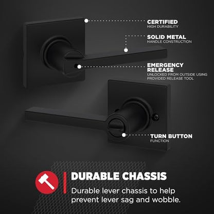 Kwikset Casey Interior Privacy Door Handle with Lock, Door Lever for Bathroom and Bedroom, Matte Black Reversible Keyless Turn Lock, with Microban Protection, Pack of 12