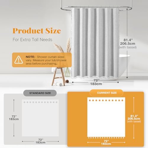BTTN 72 x 80 Boho Linen Heavy Duty Cloth Shower Curtain Set, Grey/Gray