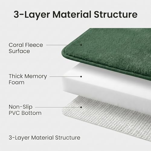 2 Piece Memory Foam Bath Mat Set, Extra Soft Absorbent Bathroom Rugs with U-Shaped Toilet Rug, Non-Slip Backing, Machine Washable, 24x16 + 20x20 U-Shaped, Dark Green