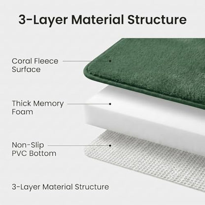 2 Piece Memory Foam Bath Mat Set, Extra Soft Absorbent Bathroom Rugs with U-Shaped Toilet Rug, Non-Slip Backing, Machine Washable, 24x16 + 20x20 U-Shaped, Dark Green