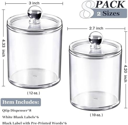 SheeChung 8 Pack Acrylic Qtip Holder with Labels, Qtip Jars for Bathroom