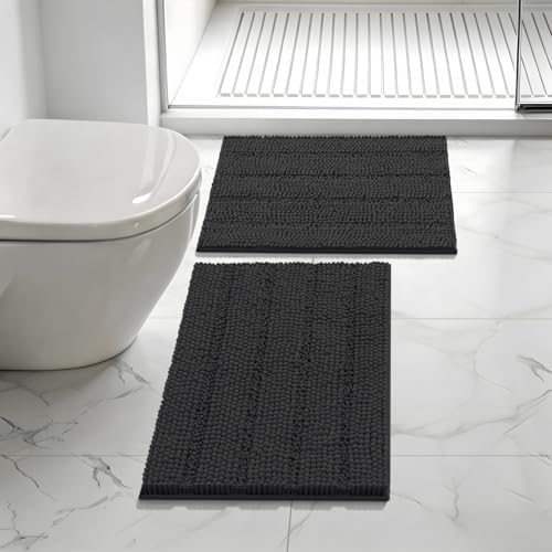 Bcoimo Bath Rug Mat Set,2 Piece Thick Absorbent Chenille Bathroom Mat Black