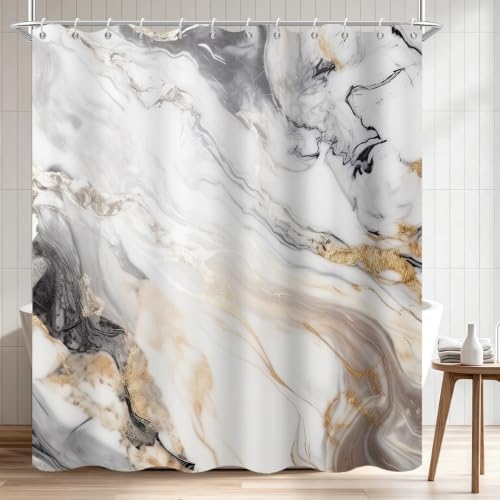 Beige Marble Shower Curtain Modern Abstract Luxury Gold Ink Texture Gray Ombre Watercolor Bathroom Curtain Set with Hooks Soft and Lightweight Waterproof Fabric Machine Washable 66" WX72 L