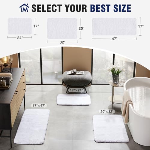 TECHMILLY Super Soft Shaggy Bathroom Rugs, Absorbent Thick Non Slip Microfiber Bath Rugs, Quick Dry Machine Washable Bath Mat for Bathroom Floor, Bathtub and Shower 24"x36" White
