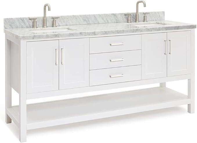 ARIEL Magnolia 72-inch Bathroom Vanity with Sink,Solid Wood, 1.5-inch Italian Carrara Marble Countertop, Double Rectangular Porcelain Sink, 4 Soft Closing Doors, 3 Dovetail Drawers, White