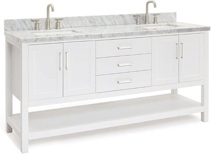 ARIEL Magnolia 72-inch Bathroom Vanity with Sink,Solid Wood, 1.5-inch Italian Carrara Marble Countertop, Double Rectangular Porcelain Sink, 4 Soft Closing Doors, 3 Dovetail Drawers, White