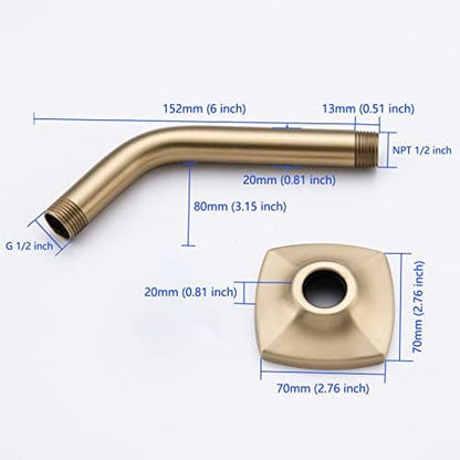 Shower Arm with Flange, Angled 6-Inch Stainless Steel Replacement Pipe, Wall Mounted Tube for Bathroom Shower Head, Brushed Gold,SW-91018-6BG.