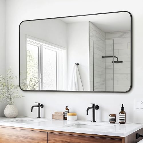 Antok 50x30 Black Metal Framed Bathroom Mirror, Wall Mirror with Round Corners, Vanity Mirror for Over Sink, Anti-Rust Tempered Glass, Horizontal/Vertical Hanging for Bathroom, Living Room, Entryway