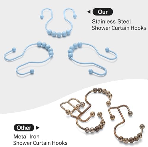 Goowin Shower Curtain Hooks, 12 Pcs Shower Curtain Rings, Stainless Steel Shower Curtain Hangers, Double Hook Shower Curtain Hooks, Smooth Sliding Anti-Drop Shower Rings for Curtain (Blue)