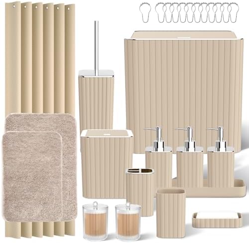 Bathroom Accessory Set - Bathroom Set, 27PC Bathroom Accessories Set, Beige Bathroom Sets with Shower Curtain and Rugs, Mini Trash Can, Toilet Brush, Trash Can & Soap Dispenser
