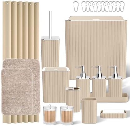 Bathroom Accessory Set - Bathroom Set, 27PC Bathroom Accessories Set, Beige Bathroom Sets with Shower Curtain and Rugs, Mini Trash Can, Toilet Brush, Trash Can & Soap Dispenser